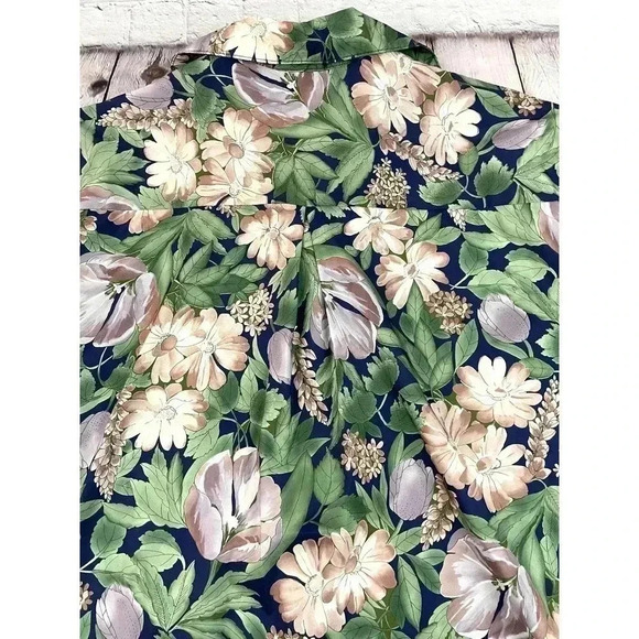 VTG Floral Button Up Blouse Top SMALL Short Sleeve Lighthouse Point Green Pink - Picture 5 of 12